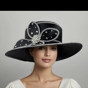 Elegant Black Wide-Brim Embellished Women's Hat